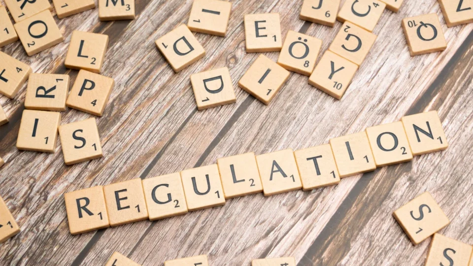 Wooden letter tiles spelling 'Regulation' on a textured wood background, conveying themes of compliance and structure.