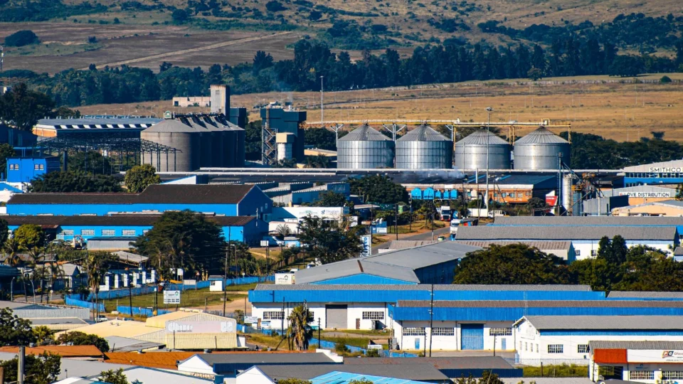 Aerial view of the industrial area in Matsapha, Eswatini, with factories and silos.