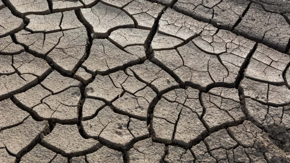 Close-up of cracked dry earth highlighting drought impact and climate change.