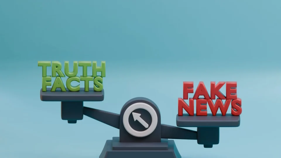3D illustration of a scale balancing truth and fake news concept against a blue background.