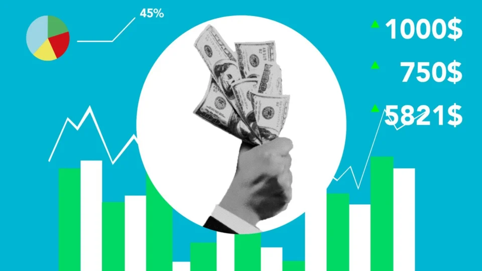 Decorative cardboard appliques representing hand with dollar banknotes and numbers above chart on blue background