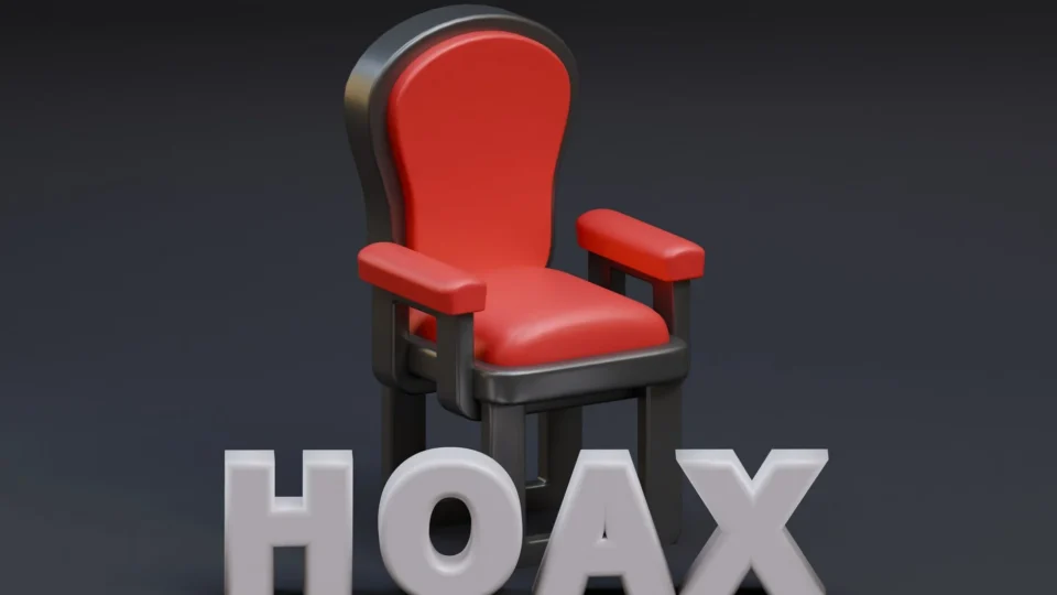 3D-rendered red armchair with 'hoax' text emphasizes digital misinformation.