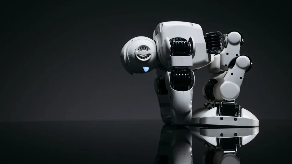 A modern robot toy depicted in a studio environment with its reflection visible on a dark surface.