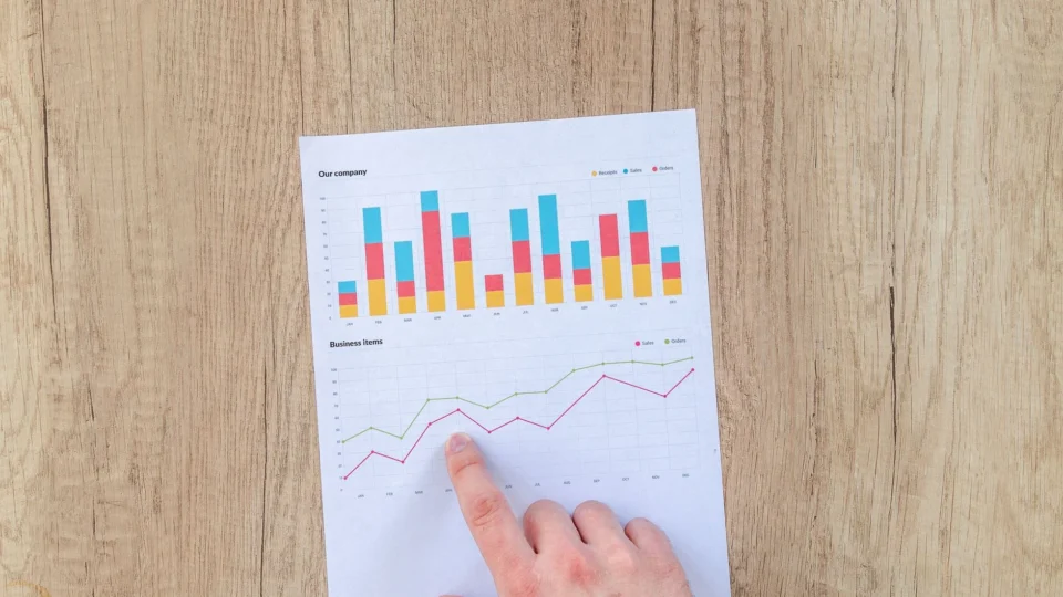A hand points to colorful business charts and graphs on a paper sheet on a wooden desk.