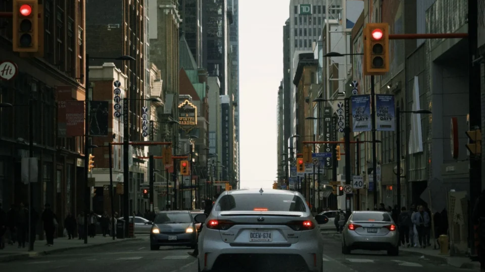 A bustling street view of downtown Toronto with cars and urban buildings in the background.