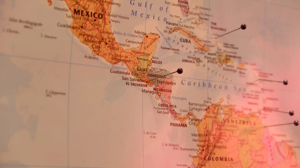 Close-up of a marked map of Central America, featuring countries like Mexico and Colombia.
