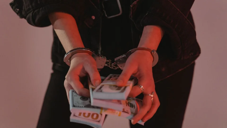 Close-up of hands holding cash with handcuffs, symbolizing crime and punishment.