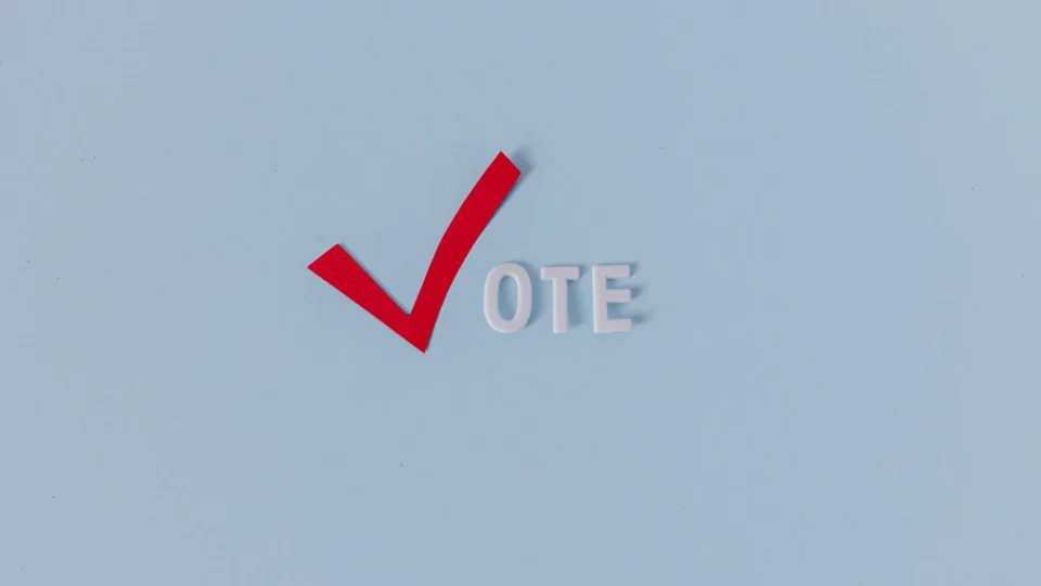 Red check mark with the word "VOTE" on a blue background, symbolizing election participation.
