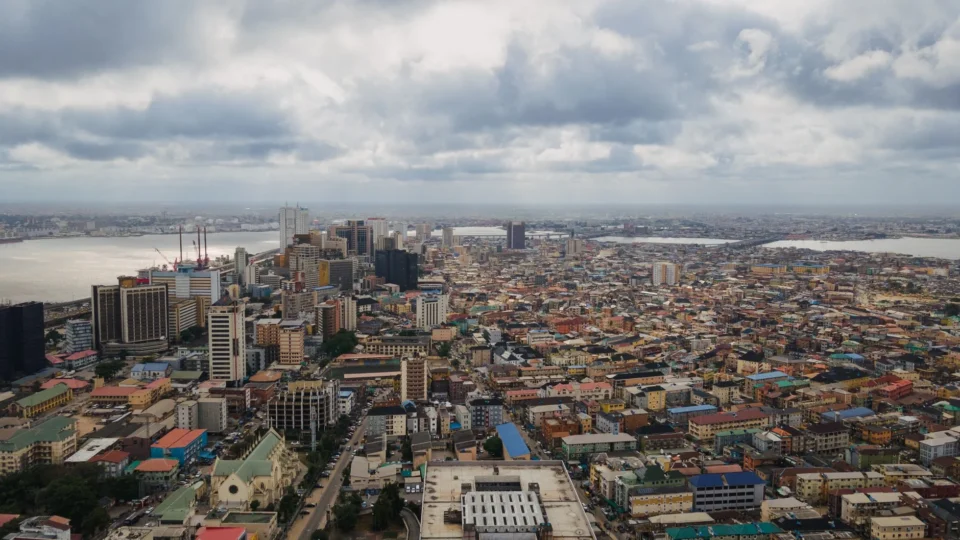 Aerial view of Lagos showing its dense cityscape and skyline with waterfront.