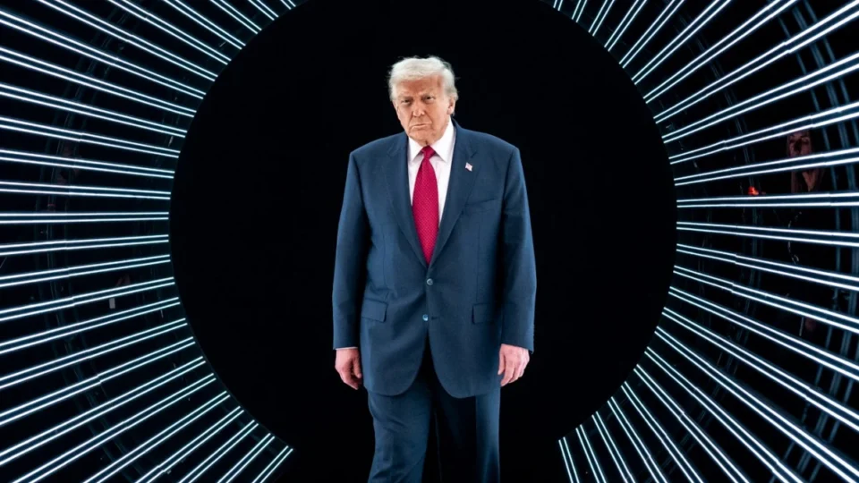 Donald Trump speaking from a campaign-style stage in 2025