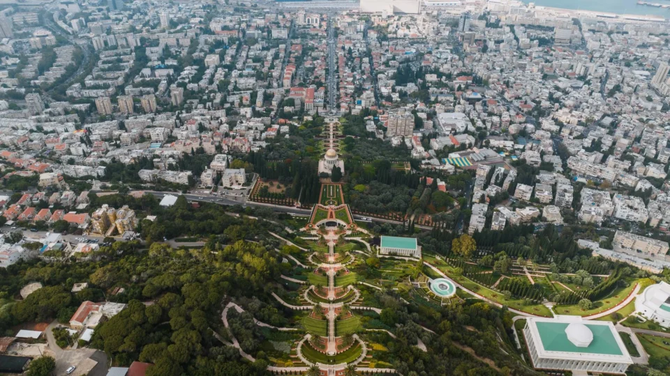 Stunning aerial view of Baha'i Gardens, a UNESCO World Heritage Site in Haifa, Israel.