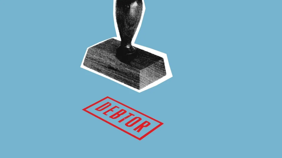 Decorative cardboard composition of stamp with Debtor title under black seal on blue background