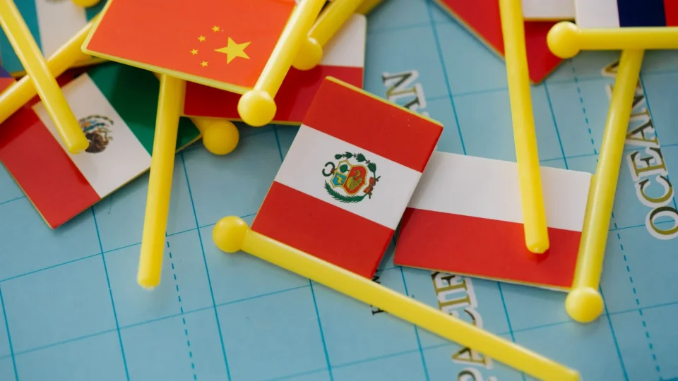 Collection of miniature flags on a world map representing global diversity.