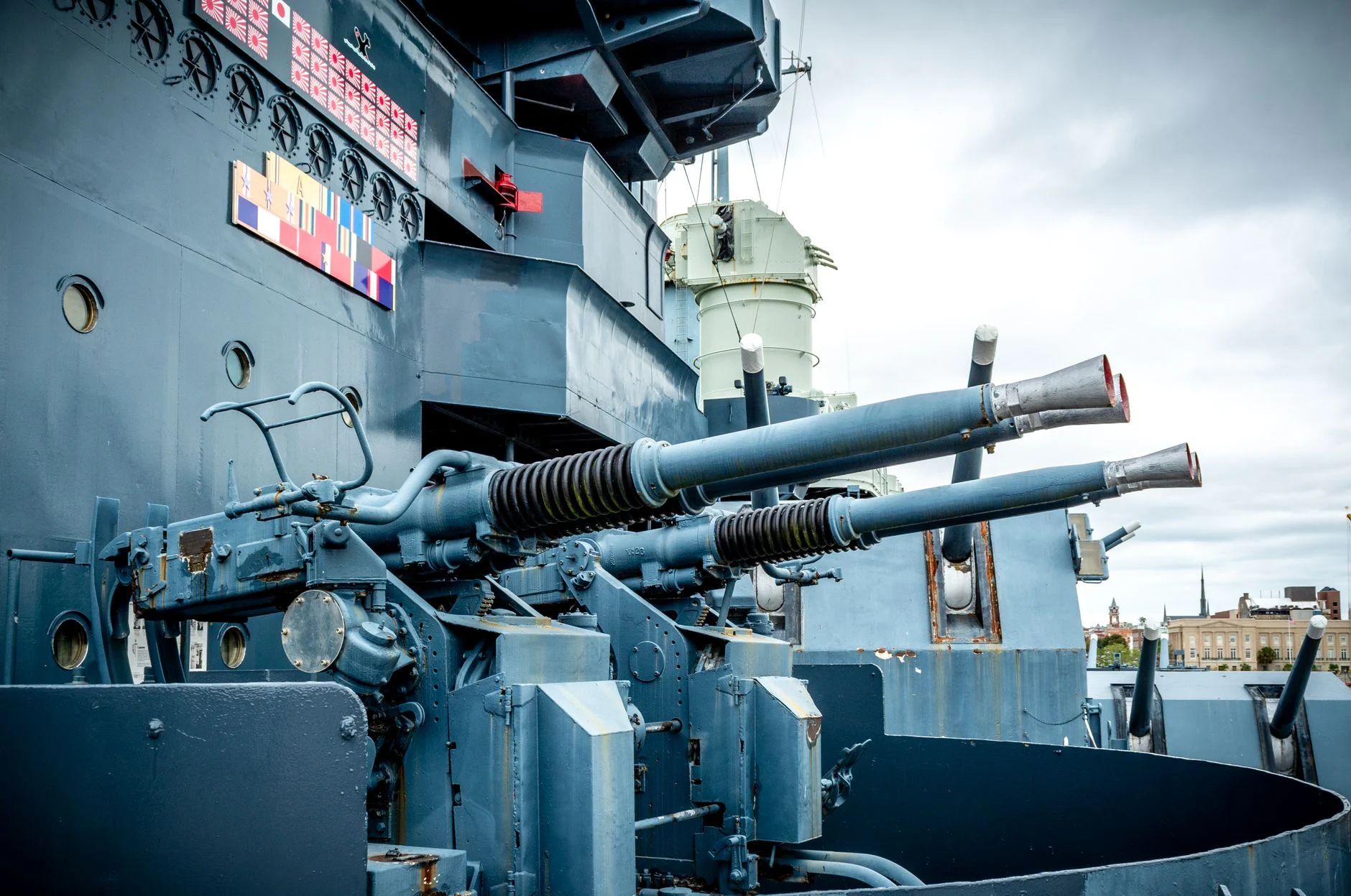 Close-up of artillery cannons on USS North Carolina battleship in Wilmington, NC.