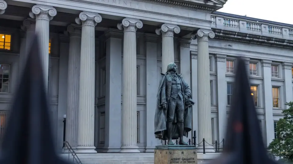 Statue of Albert Gallatin in front of the US Treasury Department building in Washington, DC.