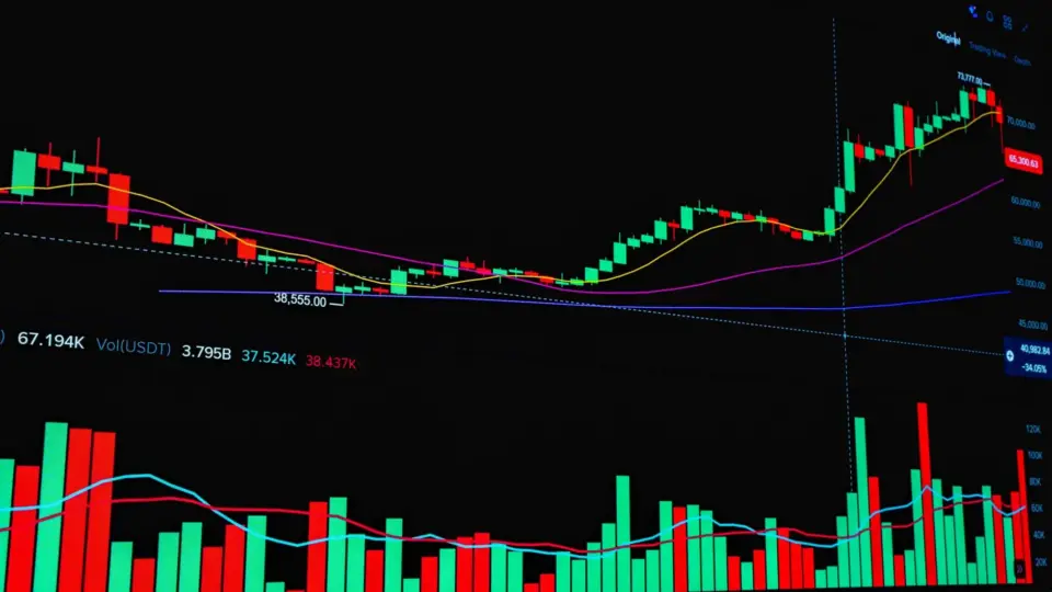 Graphic showing stock market trends with rising and falling bars and line graph indicators.