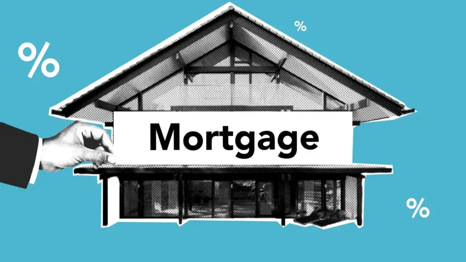 Cutout paper composition of realtor with inscription mortgage over house for purchases with payment of interest on amount of cost