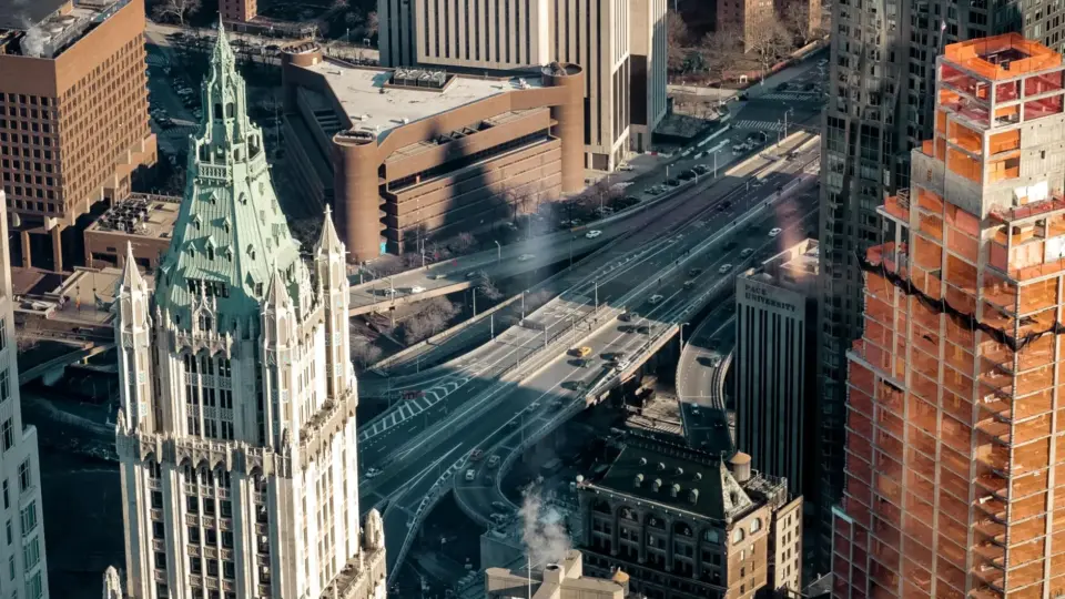 High-rise buildings and busy streets capture the essence of New York City's vibrant architecture.