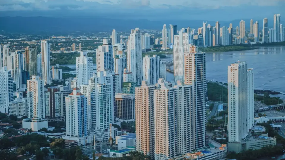 A breathtaking aerial view showcasing the modern skyline of Panama City with its skyscrapers and vibrant urban landscape.