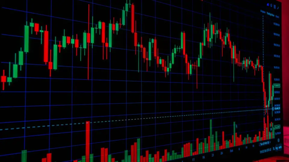 Close-up of a vibrant candlestick chart showing market trends and volatility. Ideal for financial and investment themes.
