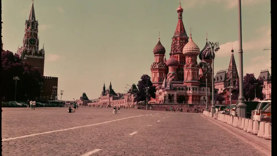 View of Saint Basil's Cathedral and Red Square, Moscow, showcasing iconic Russian architecture.